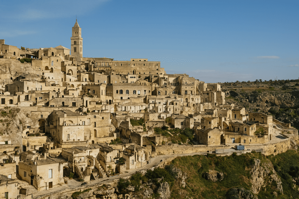 이탈리아 마테라 동굴 도시 (Sassi di Matera, Italy) — 인간이 바위를 파서 만든 9000년의 거주 흔적 1 마테라 특유의 석조 건축과 빛의 대비를 담은 실사 스타일의 이미지