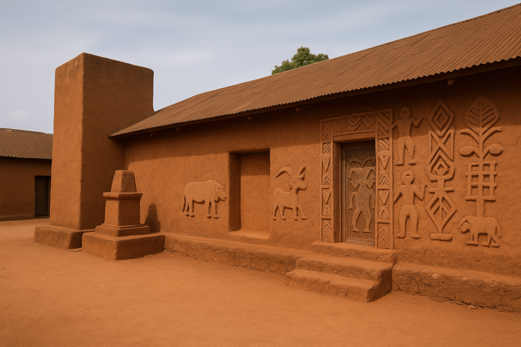 베냉 아보메이 왕궁 유적 – 서아프리카 왕권과 예술이 공존한 기억의 궁정 2 실제 아보메이 궁전의 건축 재질(붉은 점토벽, 제단, 조각 문양, 전통 지붕)을 참고해 만들어진 실사풍 이미지 입니다.