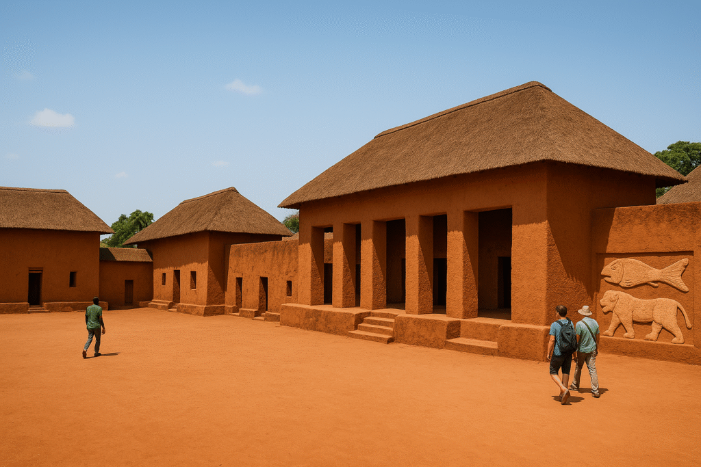 베냉 아보메이 왕궁 유적 – 서아프리카 왕권과 예술이 공존한 기억의 궁정 1 실제 아보메이 궁전의 건축 재질(붉은 점토벽, 제단, 조각 문양, 전통 지붕)을 참고해 만들어진 실사풍 이미지 입니다.