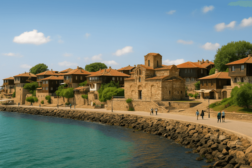 불가리아 네세바르 구시가지 – 흑해 위의 시간, 고대와 비잔틴이 공존한 해안 도시 1 이 이미지는 불가리아 흑해 연안의 네세바르 구시가지(Nessebar Old Town) 를 사실적으로 재현한 실사풍 이미지입니다.