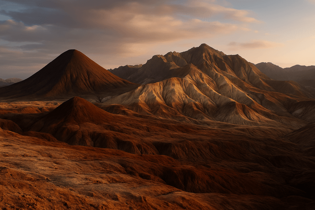 이란 술탄 오야 백만년 화산지대 – 고대 지질과 인류 이동사가 만나는 거대한 시간의 흔적 (Soltaniyeh Geopark, Iran) 1 술탄 오야 지대의 색채적 특징과 지형적 입체감을 현실에 기반하여 생성한 이미지.