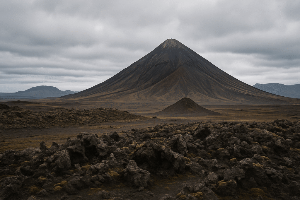 이란 술탄 오야 백만년 화산지대 – 고대 지질과 인류 이동사가 만나는 거대한 시간의 흔적 (Soltaniyeh Geopark, Iran) 2 앞쪽에는 울퉁불퉁하게 굳은 화산암이 검은빛을 띠며 펼쳐지고, 중앙에는 작은 콘(cone)이 솟아 있어 과거 분화구의 흔적을 보여주는 현실 기반 생성형 이미지