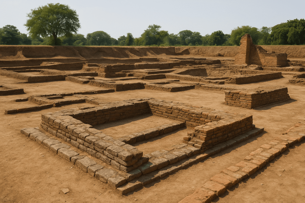 인도 파탈리푸트라 고대 유적 – 마우리아 제국을 만든 잊힌 대도시의 비밀 (Ancient City of Pataliputra, India) 1 이 이미지는 파탈리푸트라 ‘쿰하르(Kumhrar)’ 발굴지 내부를 충실히 반영하여 제작된 생성형 이미지 입니다.