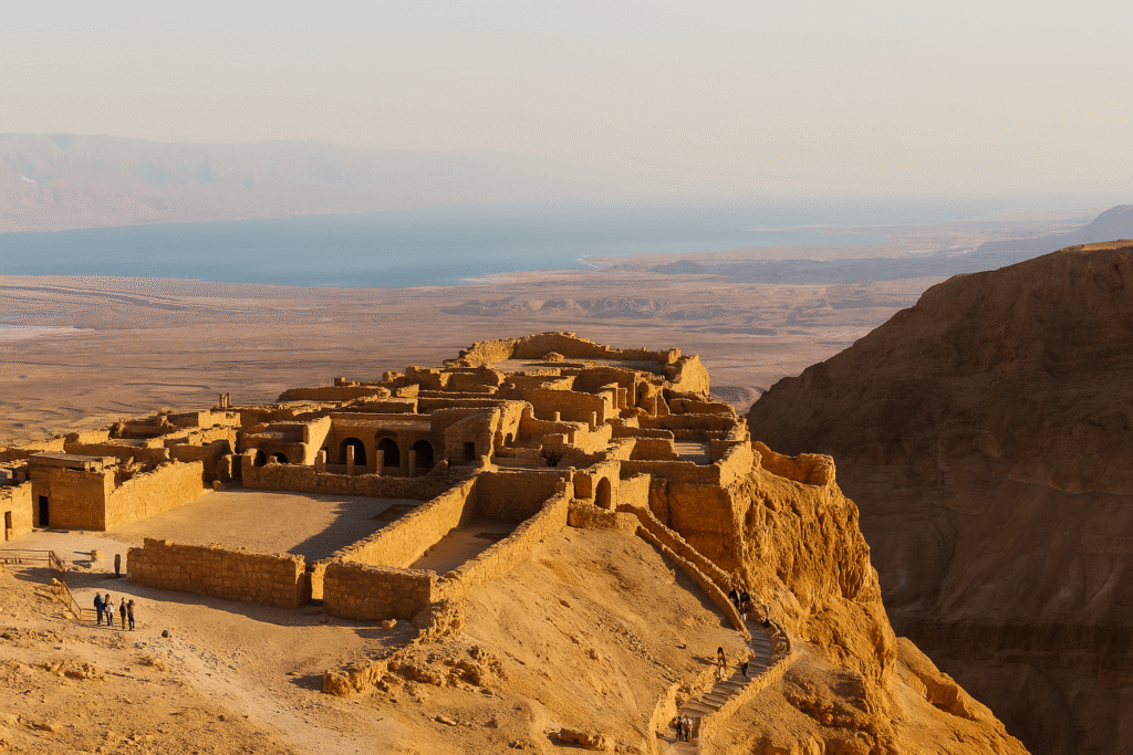 이스라엘 마사다 요새 (Masada, Israel) — 유대 저항의 상징, 사해를 굽어보는 절벽의 요새 2 정상부 석조 유적과 사해가 함께 담긴 실사 풍경 – 헤롯 대왕의 궁전과 방어벽이 있는 지역을 표현
