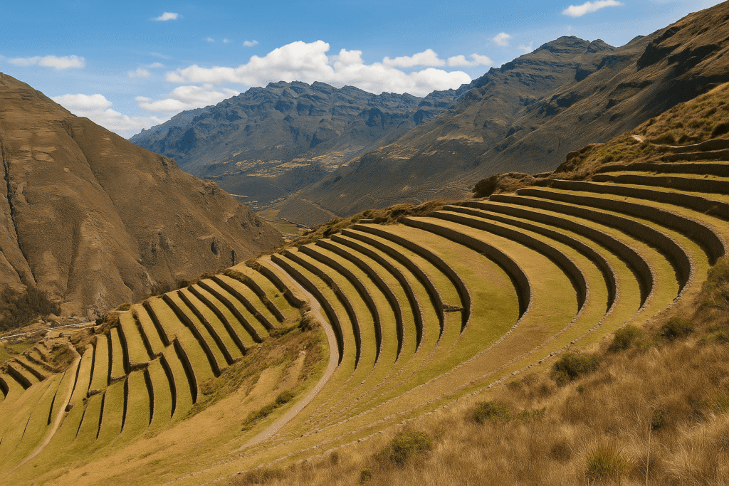 페루 촐로 후아니카 야생 퀘추아 농업경작지 – 고지대에서 꽃피운 잉카 이전 농업기술과 기후 적응모델 1 페루 촐로후아니카 경작지의 실제 지형을 기반으로 생성된 가상의 이미지