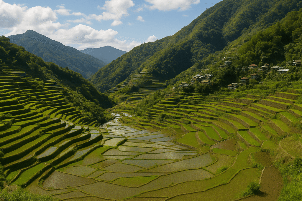 필리핀 코르딜레라스 논 테라스 (Philippine Cordilleras Rice Terraces) – 인류가 산에 새긴 2,000년의 생태 공학 1 삽입된 이미지는 실제 ‘필리핀 코르딜레라스 논 테라스(Philippine Cordilleras Rice Terraces)’ 경관을 참고해, 현장 느낌과 지형·구조·광원 등을 현실적으로 반영 - 사실에 기반해 생성한 이미지 입니다.